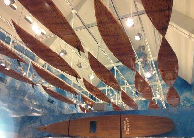 Surfboards hanging from ceiling layout