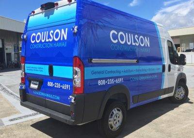 Coulson construction van with custom commercial vinyl wrap installed