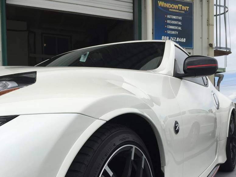 close up of white Nissan Z with ceramic coating